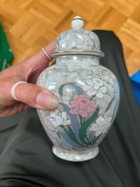 Marbled Floral Ceramic Ginger Jar - Pink, Green, Blue